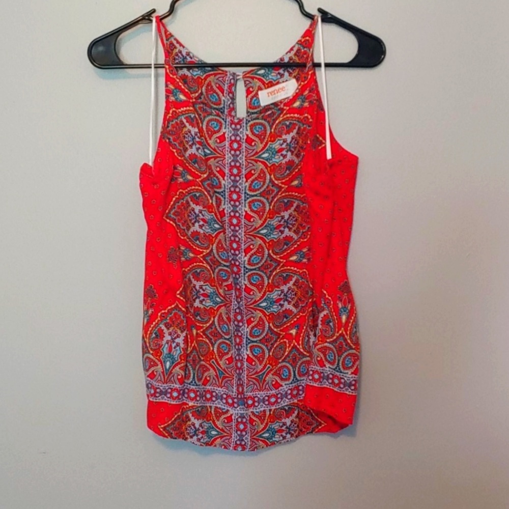 M rennec keyhole blouse red and blue Paisley